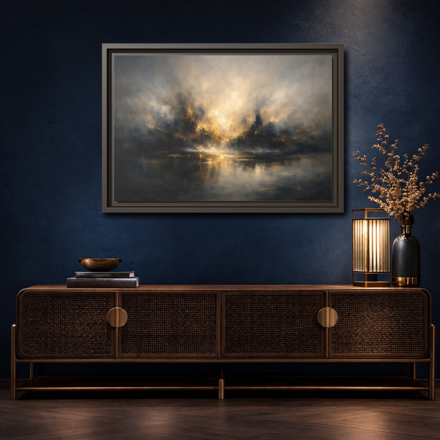 Mockup 4. Abstract Misty Landscape Golden Abstract shown as stretched canvas wall art