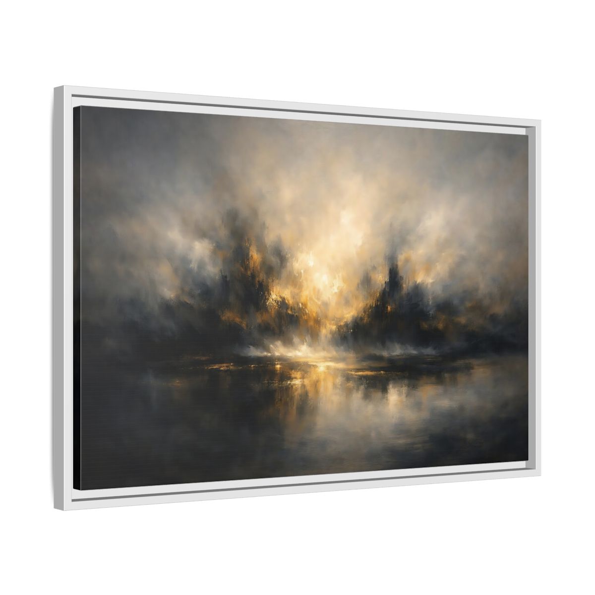 Side Mockup 10. Abstract Misty Landscape Golden Abstract shown as stretched canvas wall art