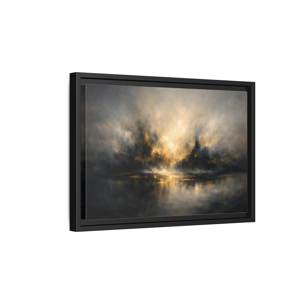 Side Mockup 6. Abstract Misty Landscape Golden Abstract shown as stretched canvas wall art