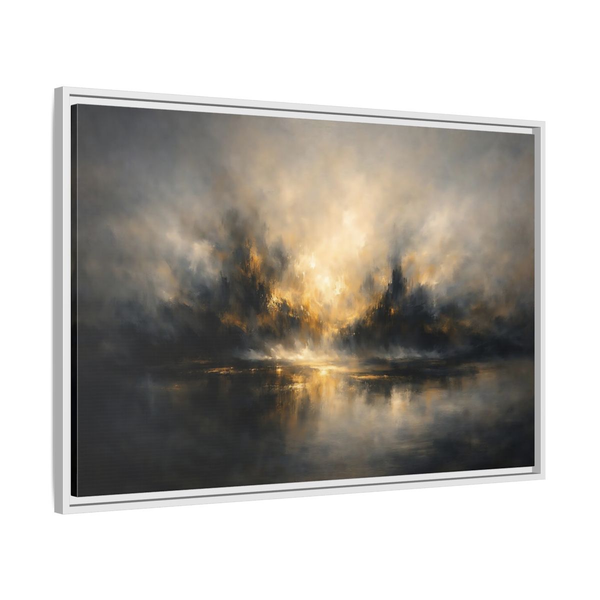 Side Mockup 8. Abstract Misty Landscape Golden Abstract shown as stretched canvas wall art