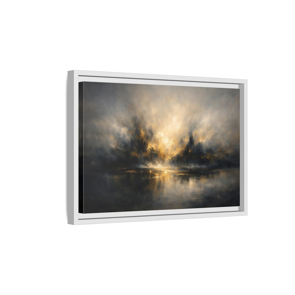 Side Mockup 4. Abstract Misty Landscape Golden Abstract shown as stretched canvas wall art