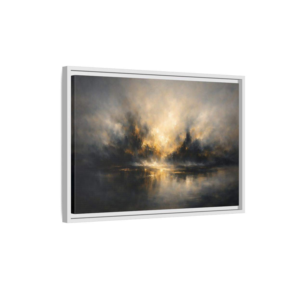 Side Mockup 1. Abstract Misty Landscape Golden Abstract shown as stretched canvas wall art