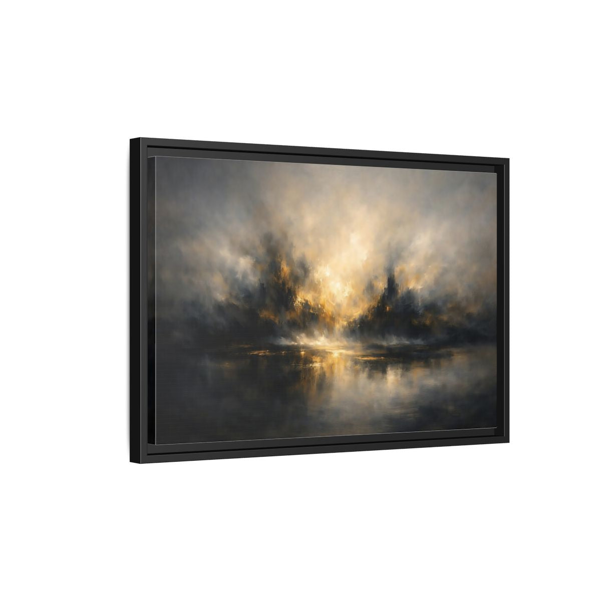 Side Mockup 3. Abstract Misty Landscape Golden Abstract shown as stretched canvas wall art