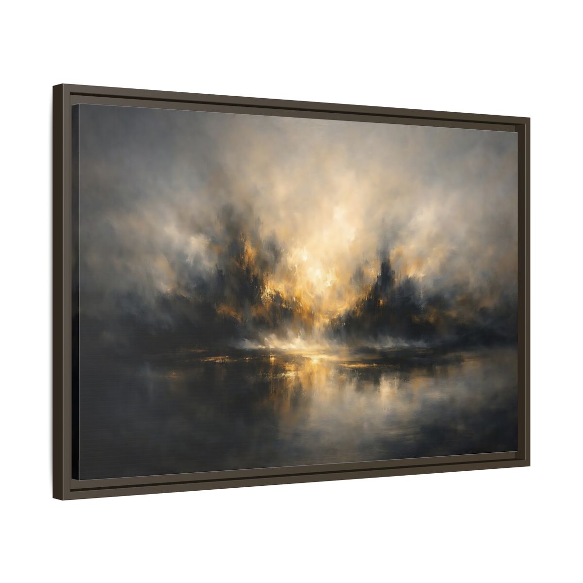 Side Mockup 11. Abstract Misty Landscape Golden Abstract shown as stretched canvas wall art