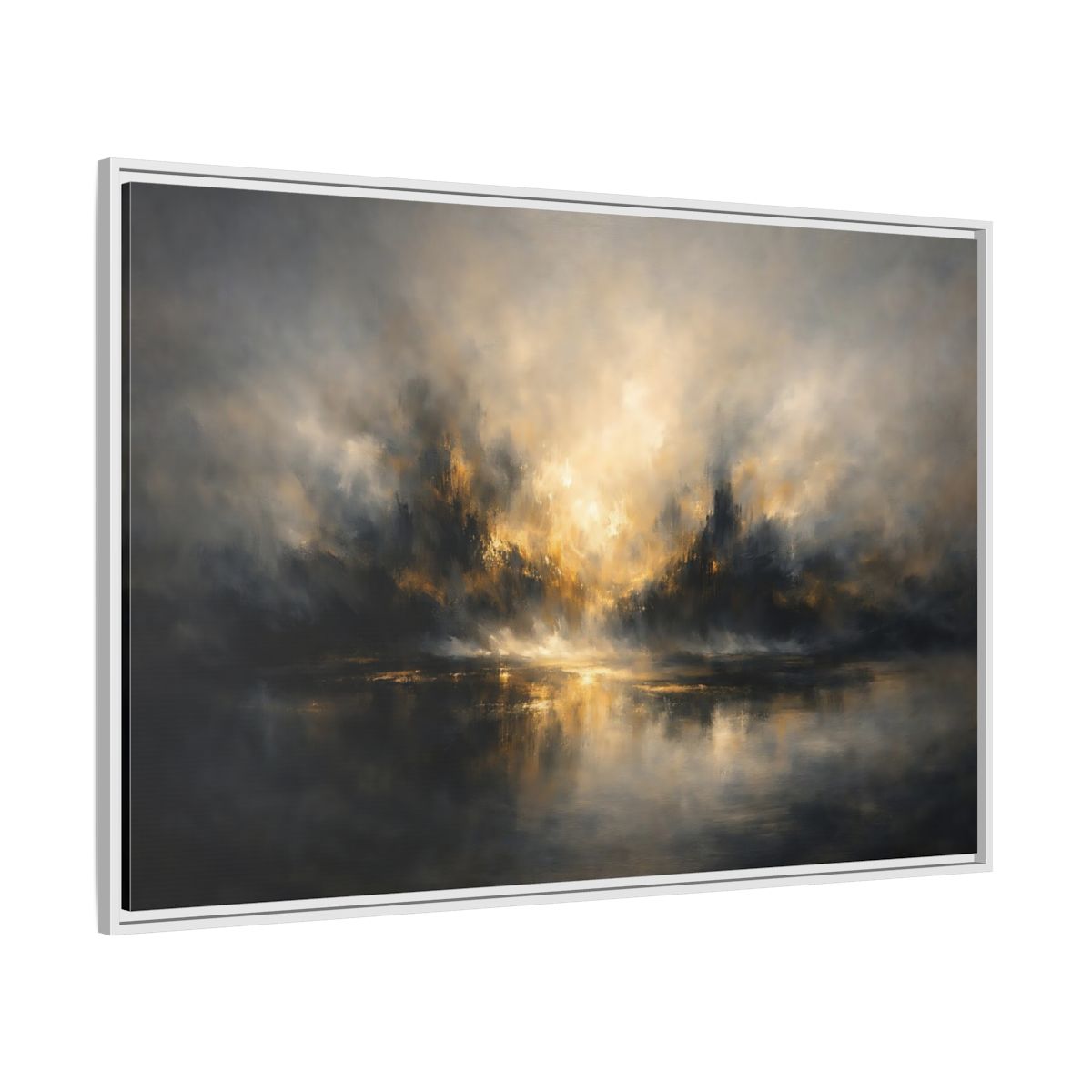 Side Mockup 7. Abstract Misty Landscape Golden Abstract shown as stretched canvas wall art