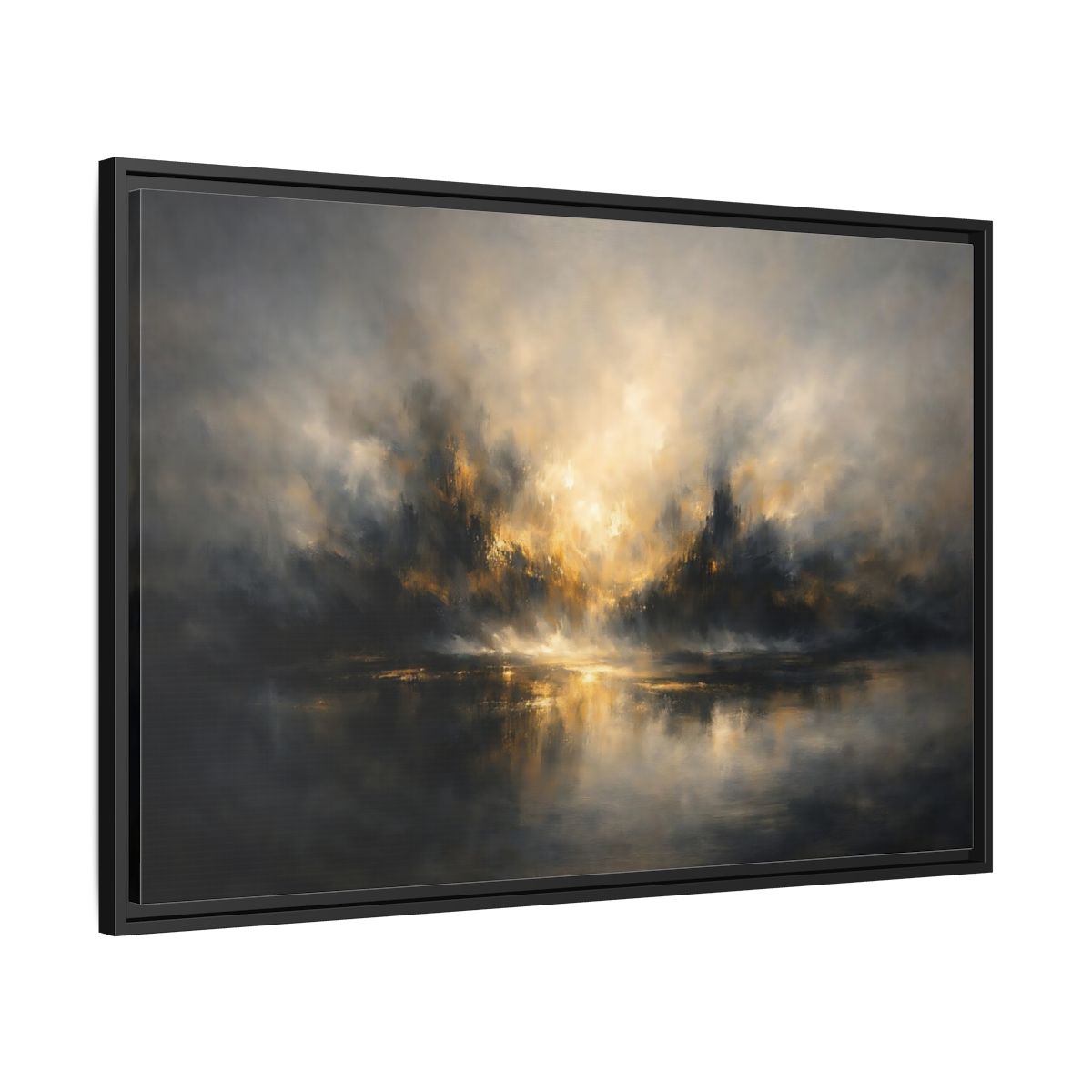 Side Mockup 13. Abstract Misty Landscape Golden Abstract shown as stretched canvas wall art