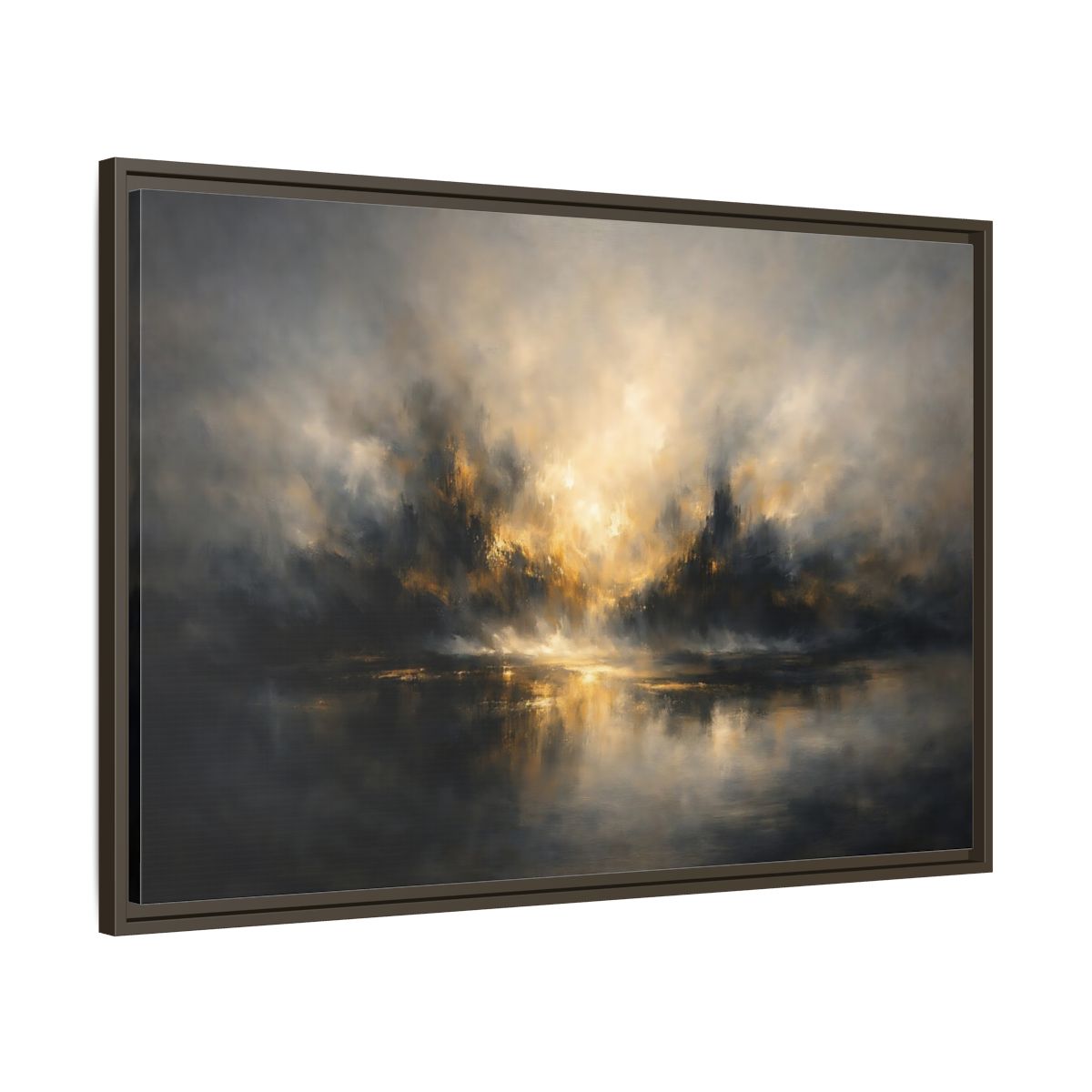 Side Mockup 9. Abstract Misty Landscape Golden Abstract shown as stretched canvas wall art