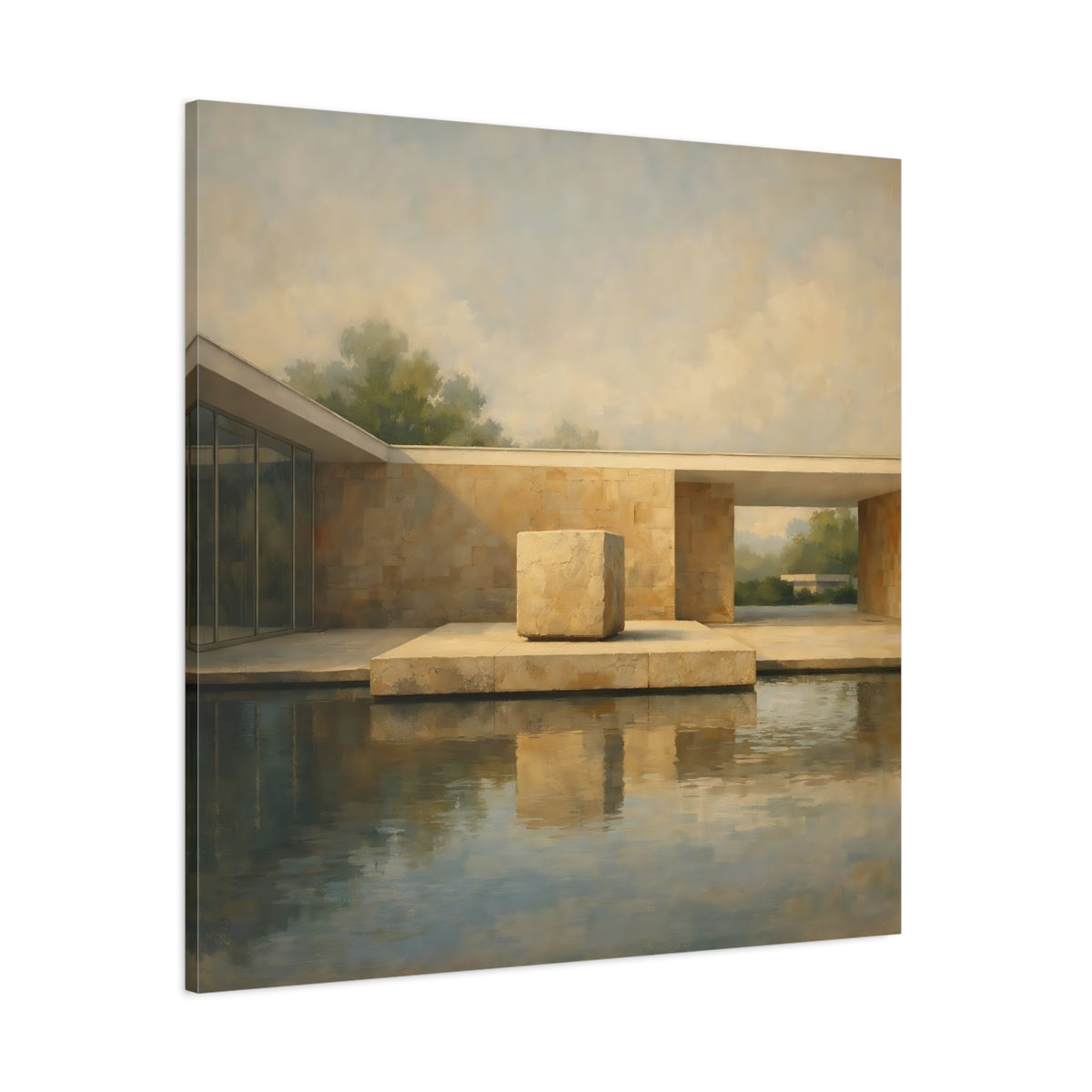 Main Mockup. Abstract Modern Architecture Beige And Blue Architecture shown as stretched canvas wall art