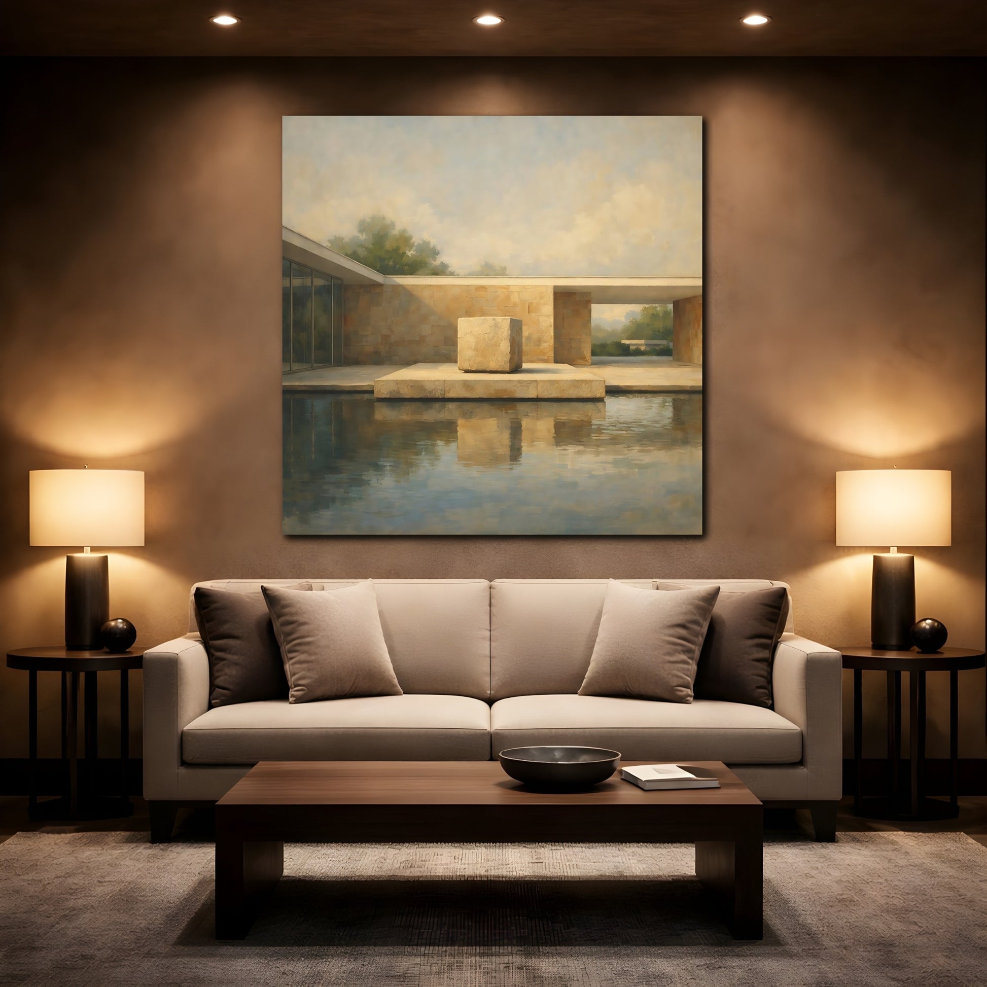 Mockup 2. Abstract Modern Architecture Beige And Blue Architecture shown as stretched canvas wall art