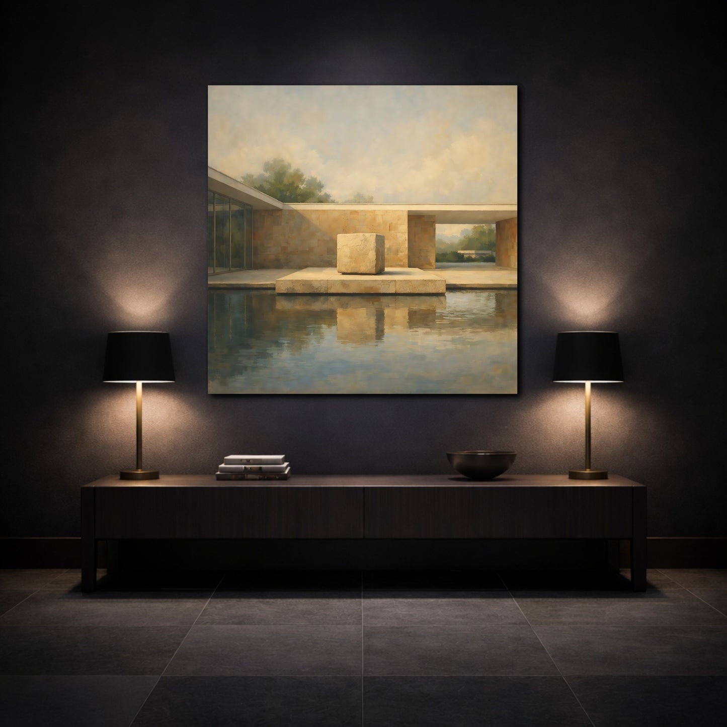 Mockup 3. Abstract Modern Architecture Beige And Blue Architecture shown as stretched canvas wall art