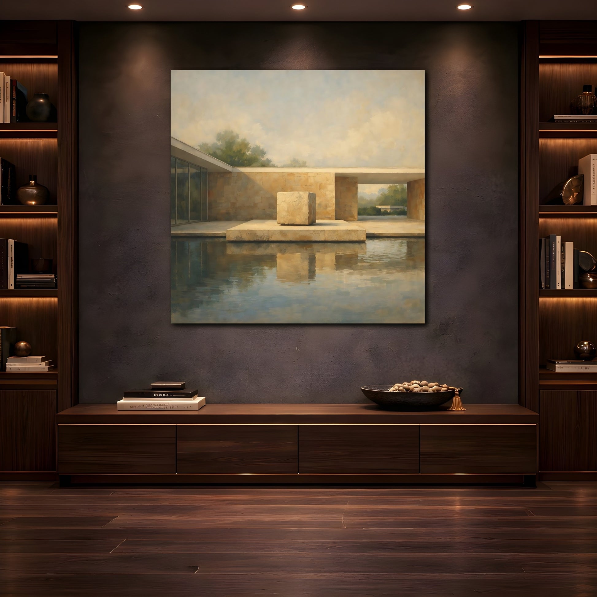 Mockup 4. Abstract Modern Architecture Beige And Blue Architecture shown as stretched canvas wall art