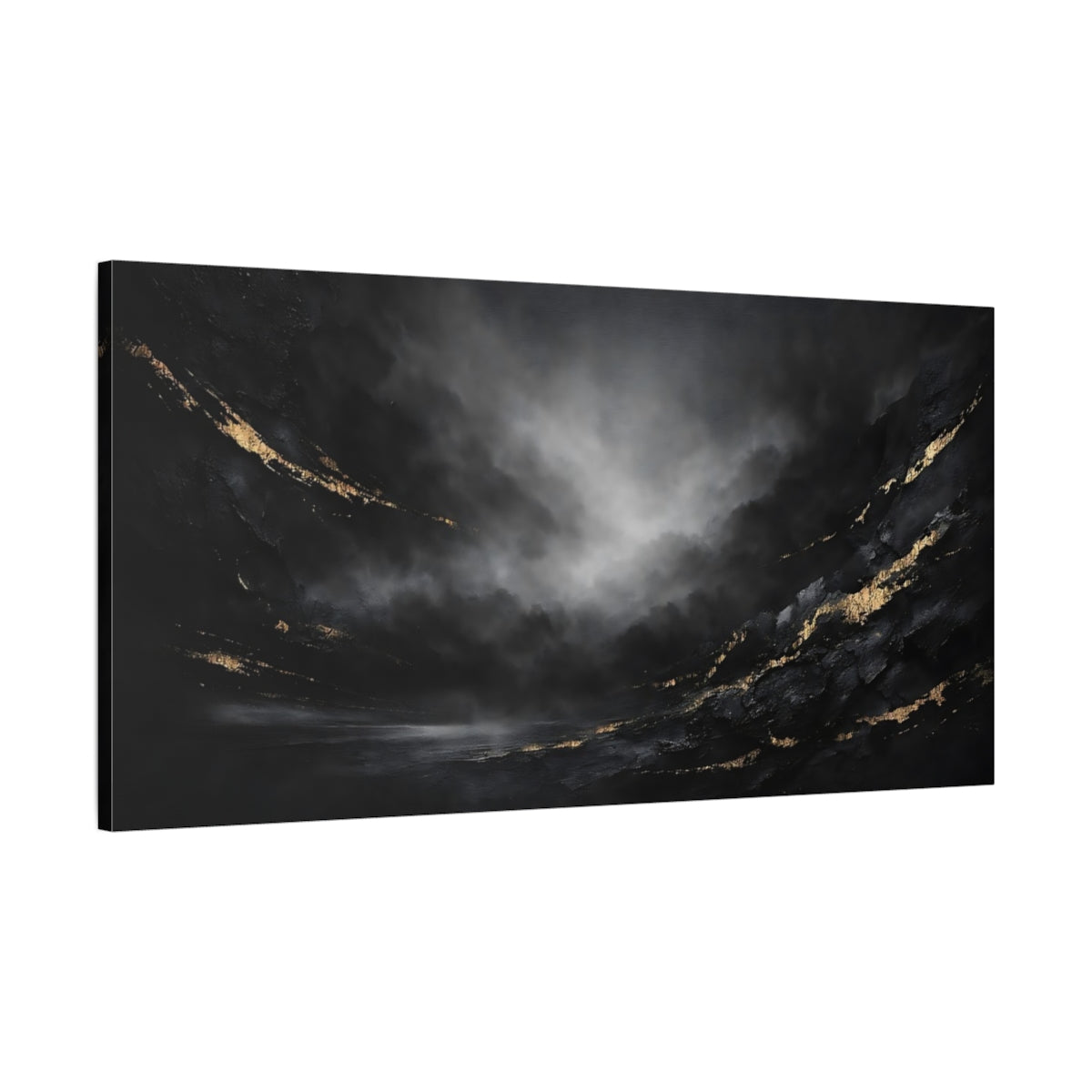 Side Mockup 1. Abstract Abstract Art Black And Gold shown as stretched canvas wall art