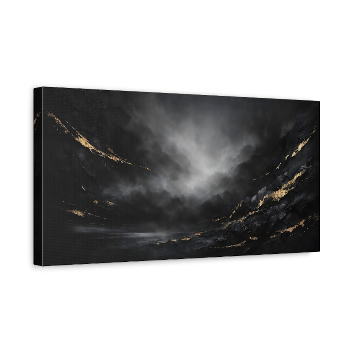 Side Mockup 3. Abstract Abstract Art Black And Gold shown as stretched canvas wall art