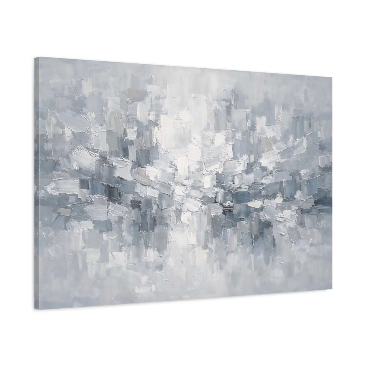 Side Mockup 1. Abstract Abstract Brushstrokes Gray And White Abstract shown as stretched canvas wall art