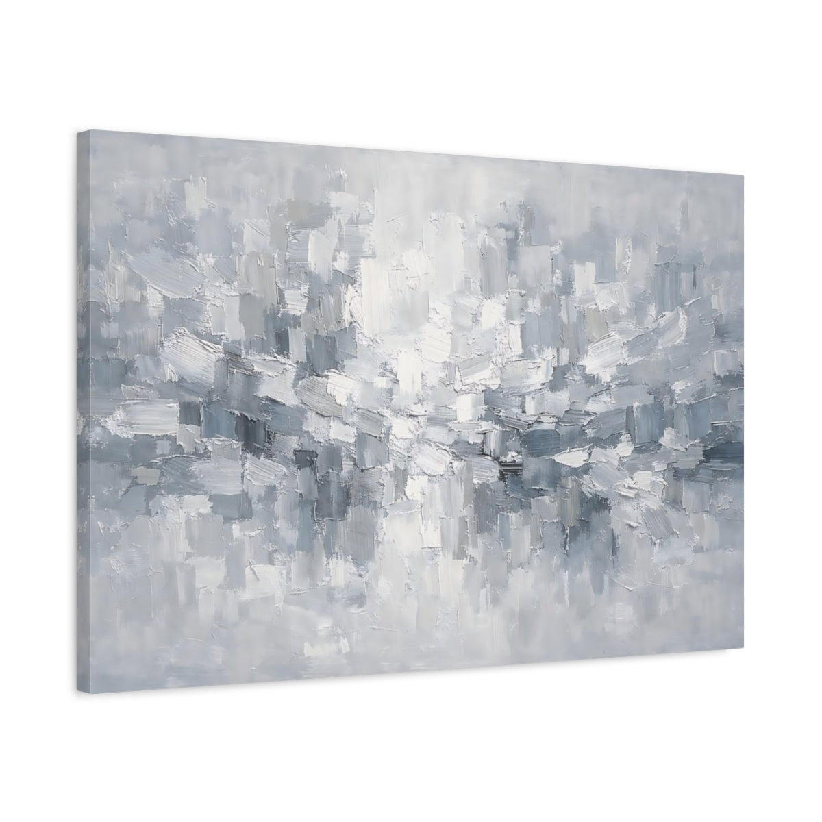 Side Mockup 2. Abstract Abstract Brushstrokes Gray And White Abstract shown as stretched canvas wall art