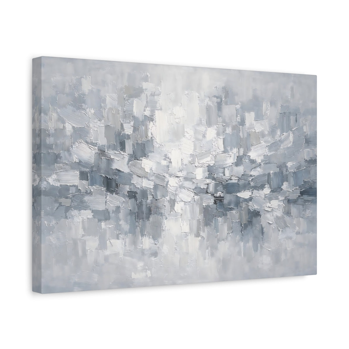 Side Mockup 4. Abstract Abstract Brushstrokes Gray And White Abstract shown as stretched canvas wall art