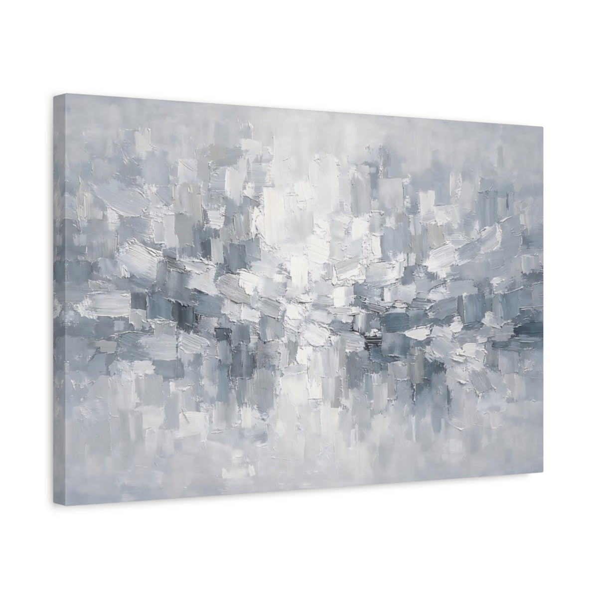 Side Mockup 3. Abstract Abstract Brushstrokes Gray And White Abstract shown as stretched canvas wall art