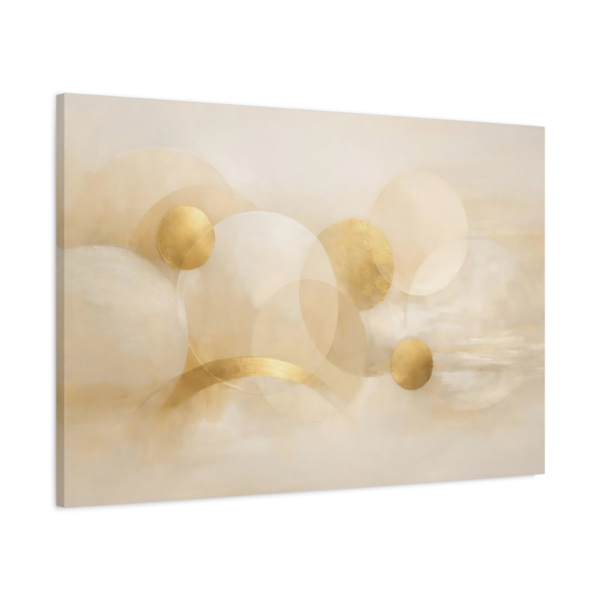 Side Mockup 1. Abstract Abstract Circles Beige Gold Abstract shown as stretched canvas wall art