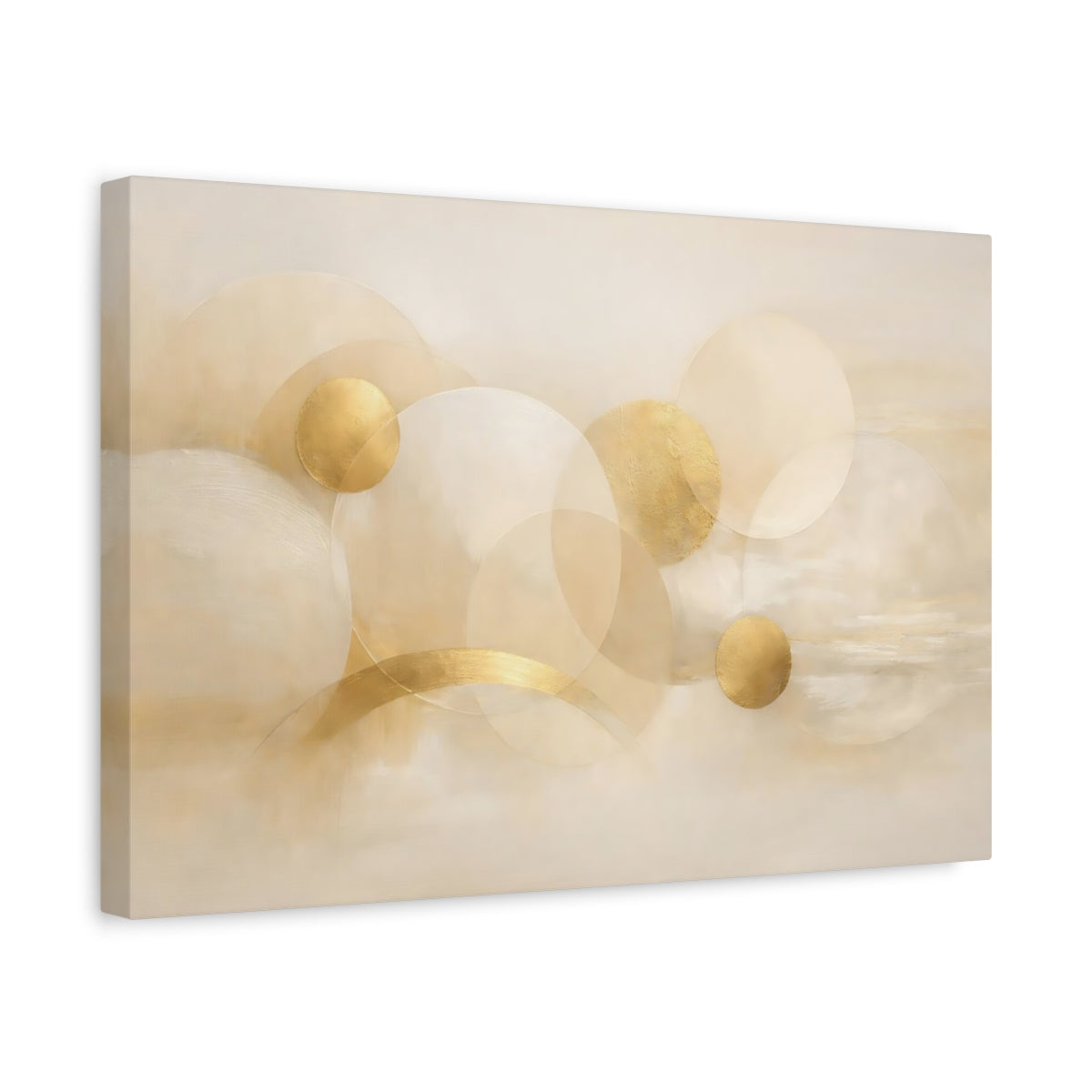Side Mockup 4. Abstract Abstract Circles Beige Gold Abstract shown as stretched canvas wall art
