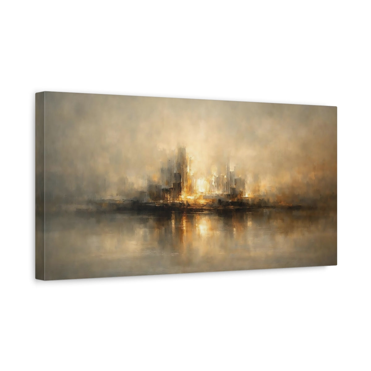 Side Mockup 3. Abstract Cityscape Gold And Grey City shown as stretched canvas wall art