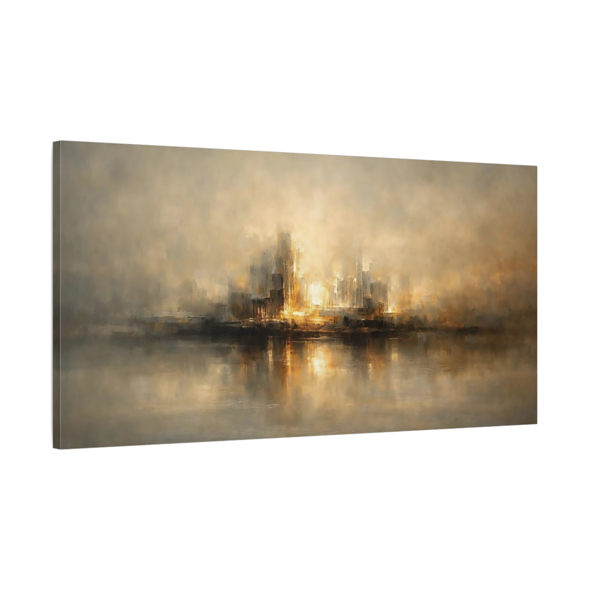 Side Mockup 1. Abstract Cityscape Gold And Grey City shown as stretched canvas wall art