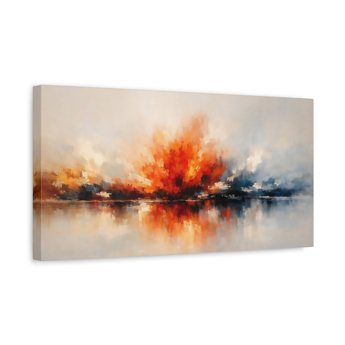 Side Mockup 3. Abstract Color Burst Orange And Blue Abstract shown as stretched canvas wall art
