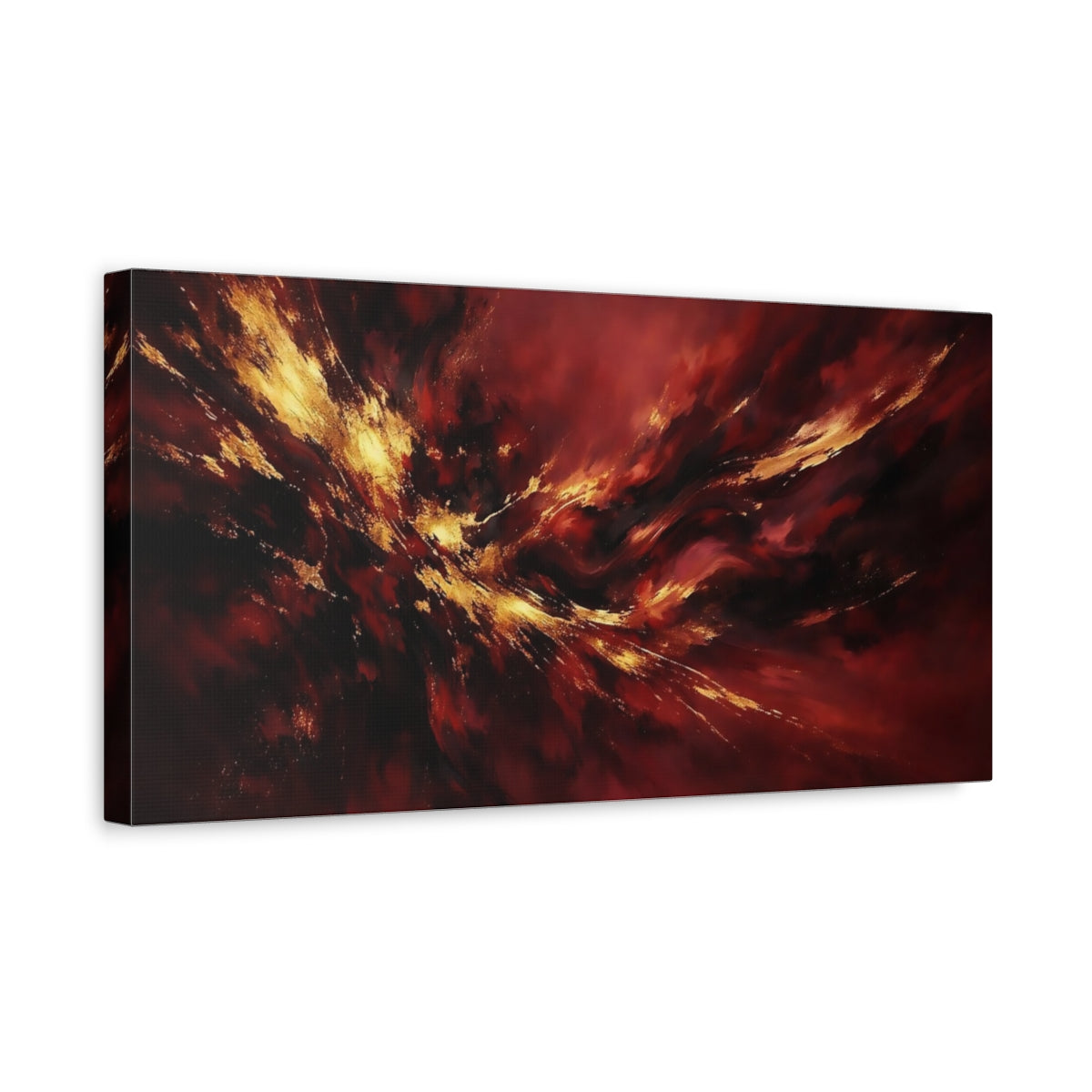Side Mockup 3. Abstract Abstract Explosion Red Gold Abstract shown as stretched canvas wall art