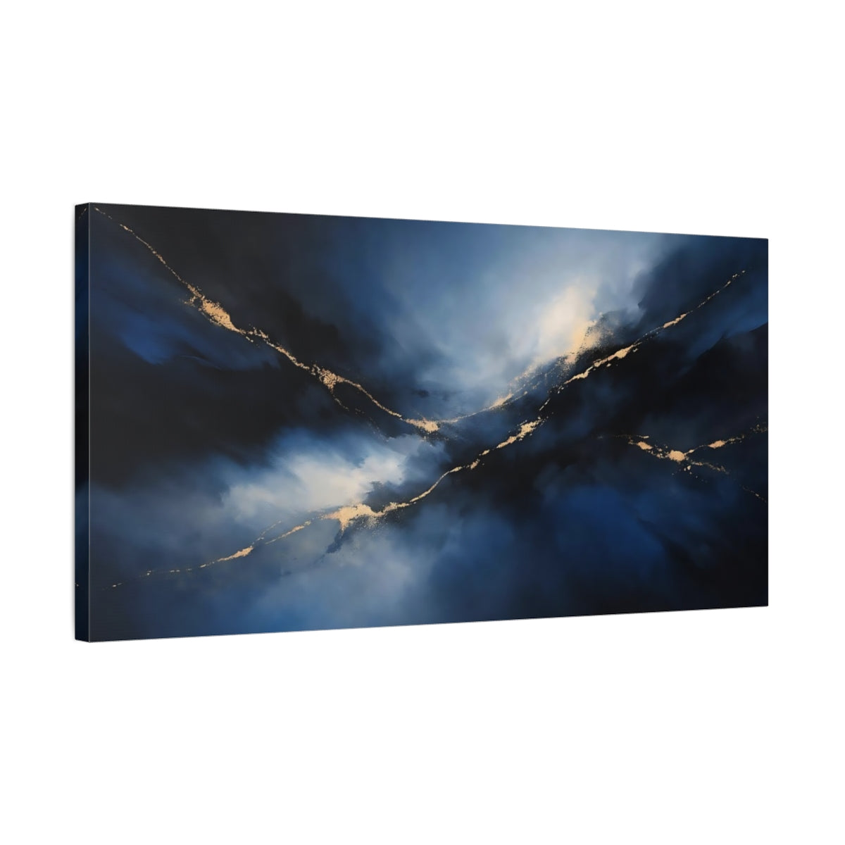 Side Mockup 2. Abstract Abstract Flow Blue And Gold shown as stretched canvas wall art