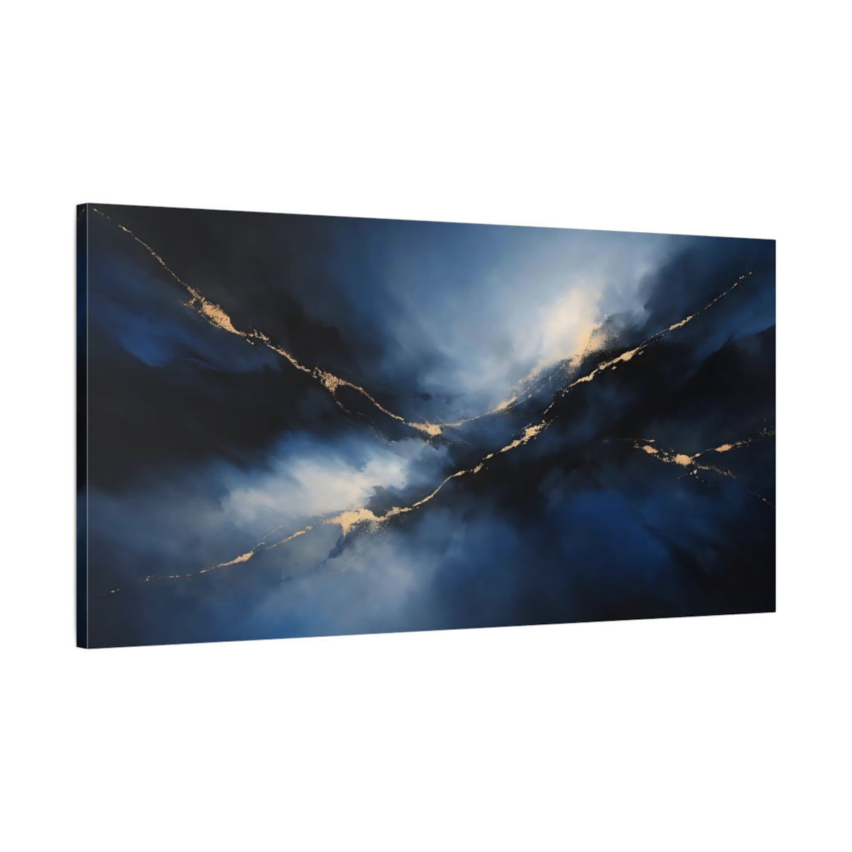 Side Mockup 1. Abstract Abstract Flow Blue And Gold shown as stretched canvas wall art