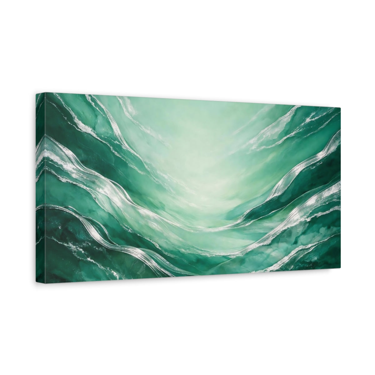 Side Mockup 3. Abstract Abstract Flow Emerald Green Silver shown as stretched canvas wall art