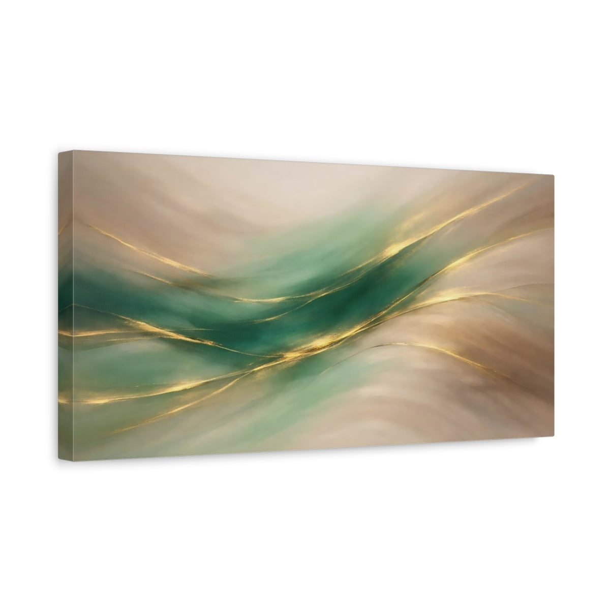 Side Mockup 3. Abstract Abstract Flow Green Gold Abstract shown as stretched canvas wall art