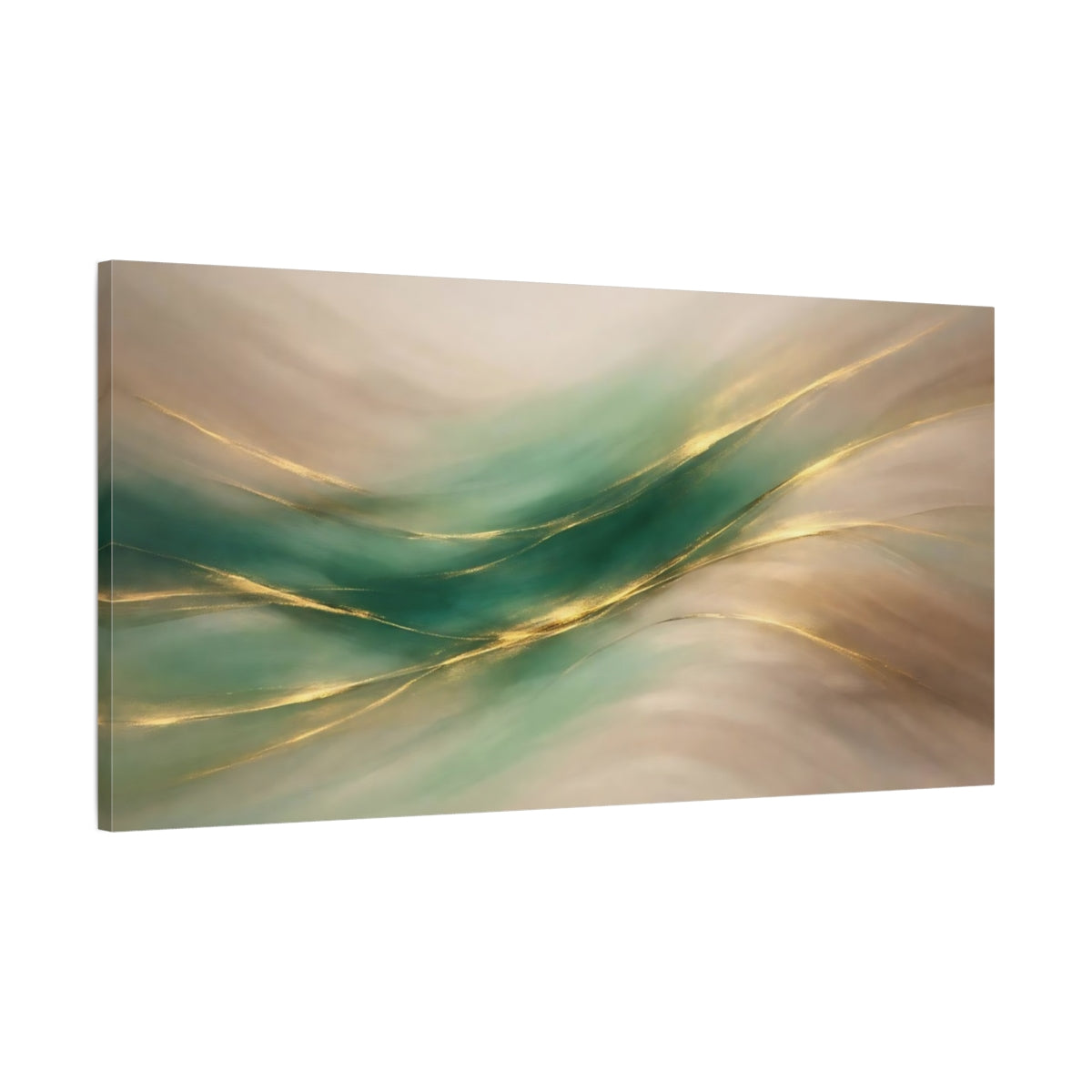 Side Mockup 1. Abstract Abstract Flow Green Gold Abstract shown as stretched canvas wall art