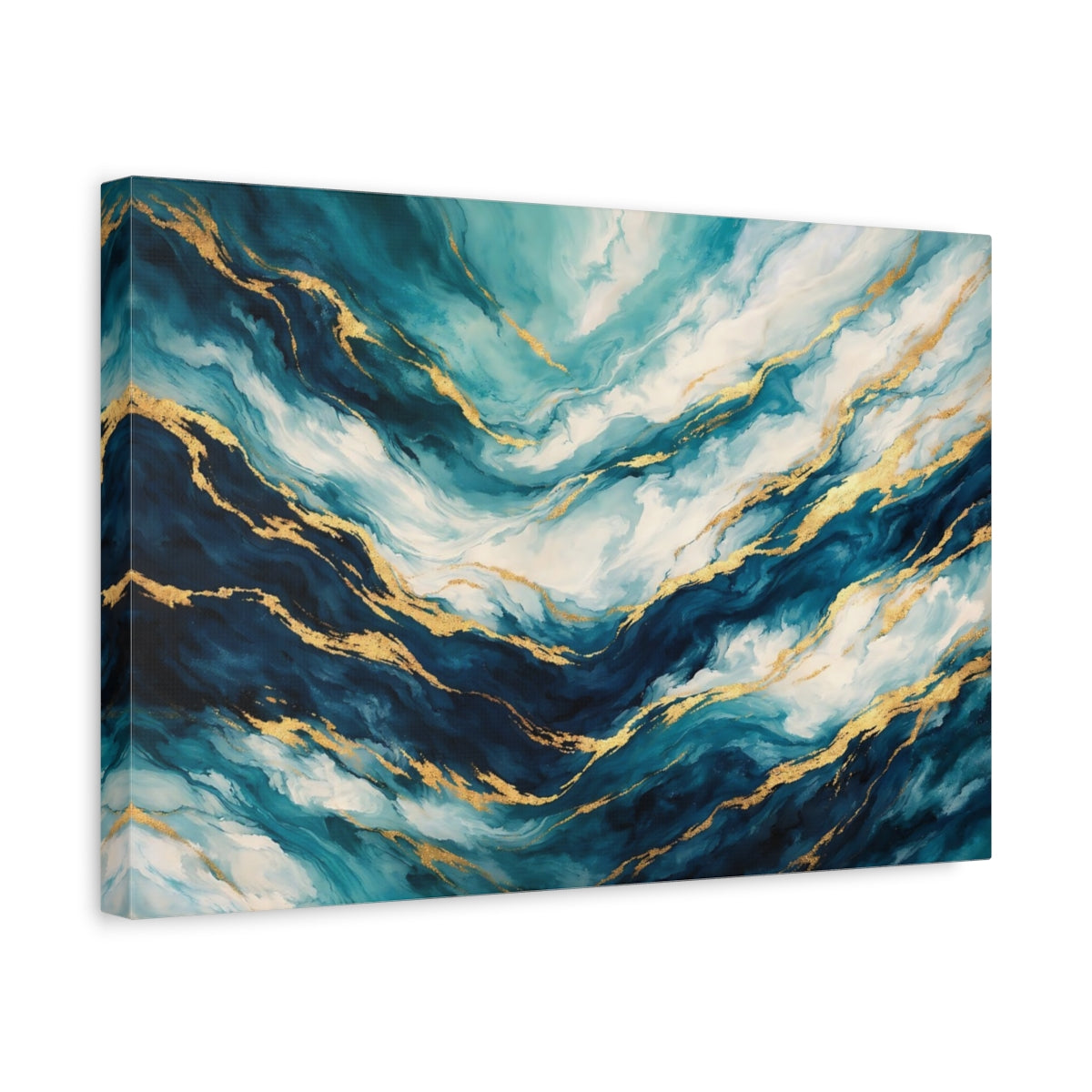 Side Mockup 4. Abstract Abstract Flow Teal Gold Abstract shown as stretched canvas wall art