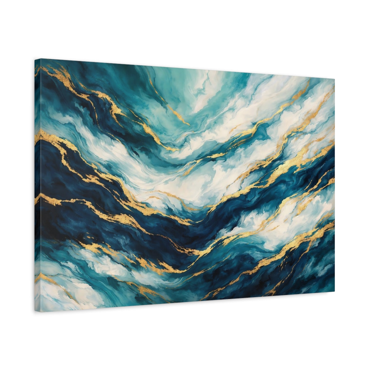 Side Mockup 2. Abstract Abstract Flow Teal Gold Abstract shown as stretched canvas wall art