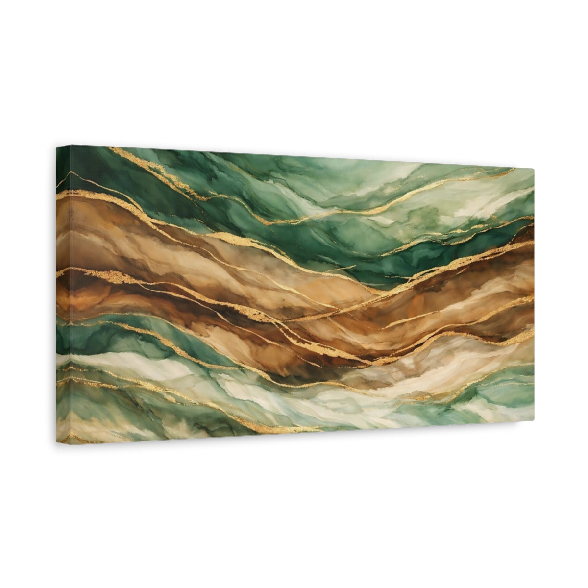 Side Mockup 3. Abstract Fluid Art Green And Gold Abstract shown as stretched canvas wall art