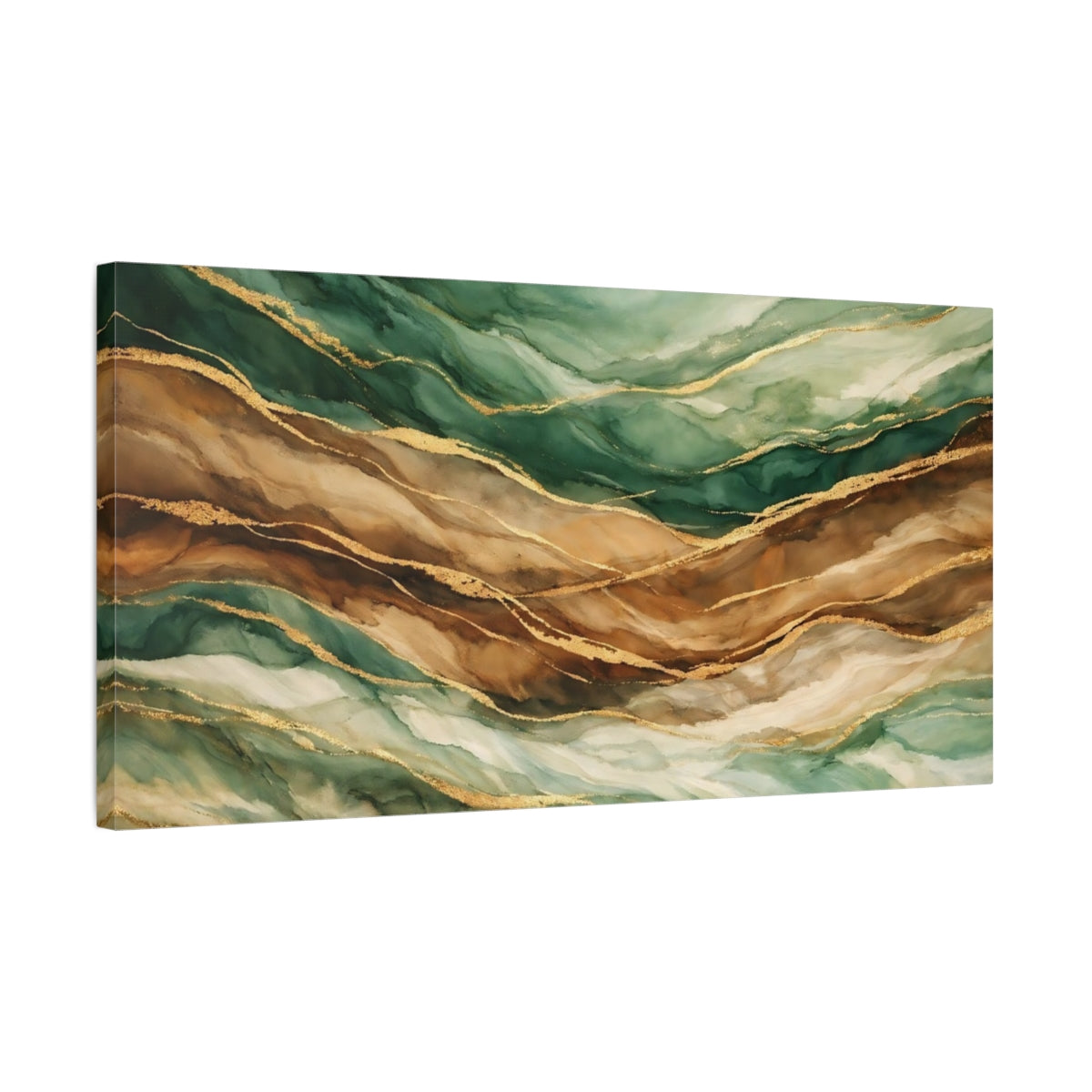 Side Mockup 2. Abstract Fluid Art Green And Gold Abstract shown as stretched canvas wall art