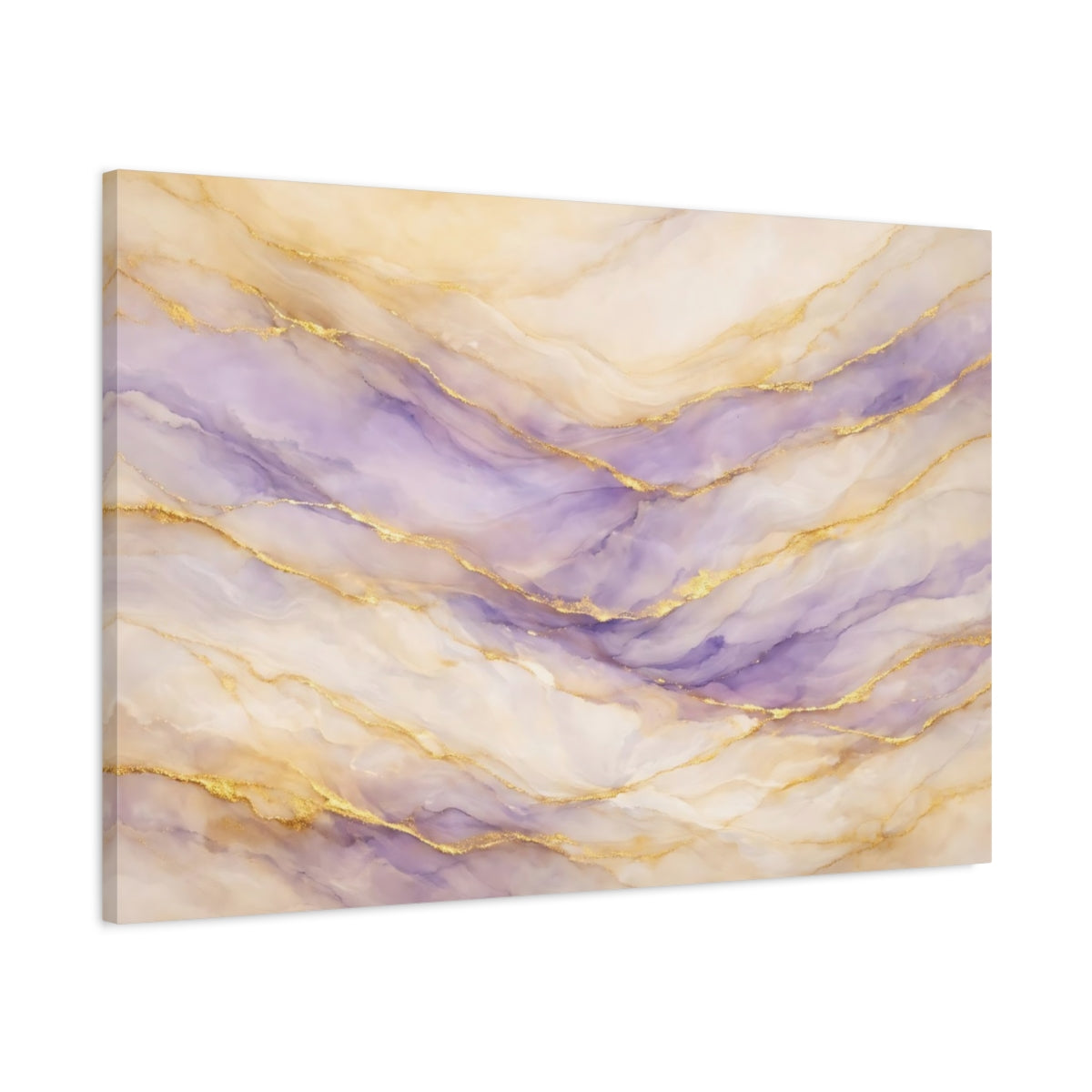 Side Mockup 1. Abstract Fluid Art Purple And Gold shown as stretched canvas wall art