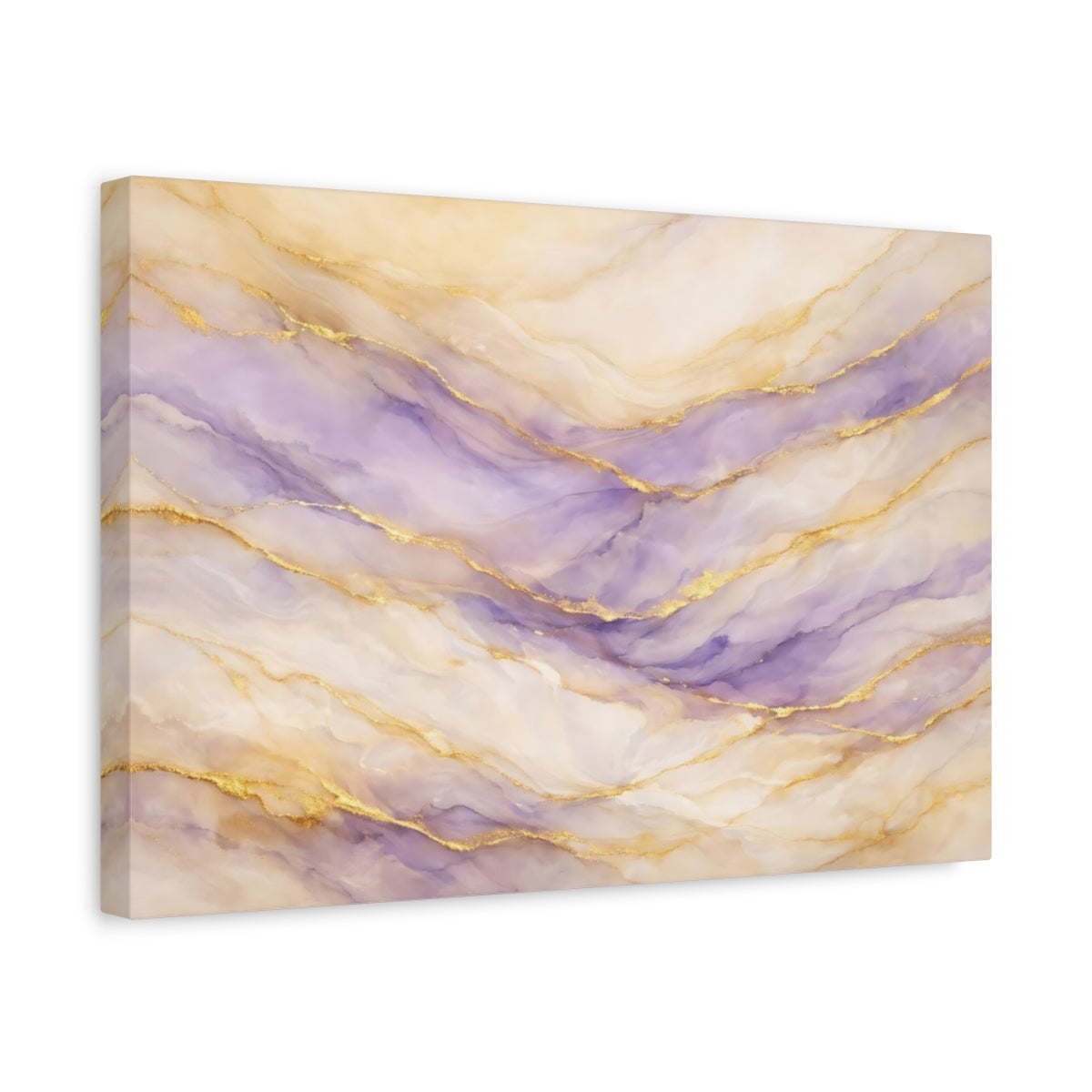 Side Mockup 4. Abstract Fluid Art Purple And Gold shown as stretched canvas wall art