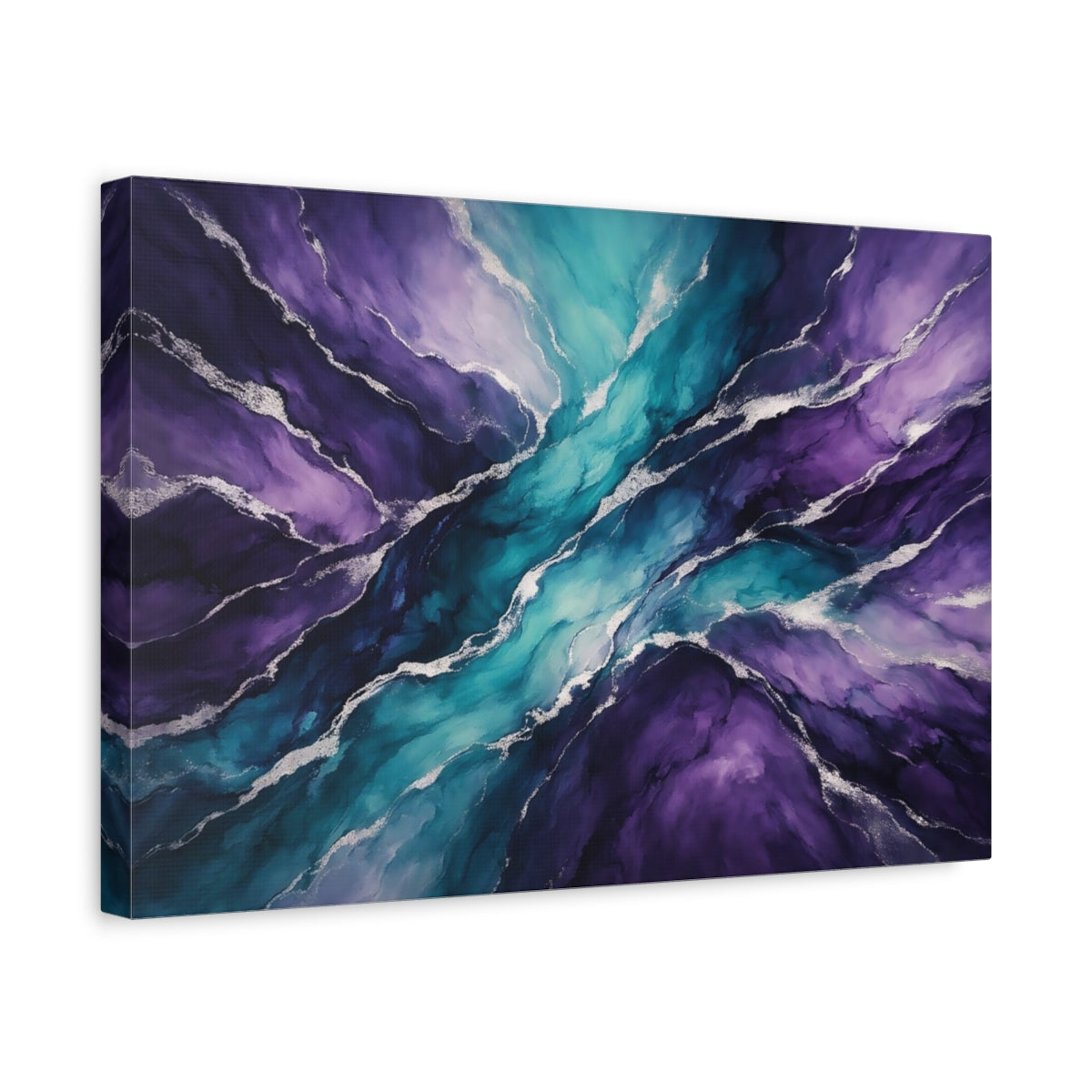 Side Mockup 4. Abstract Fluid Art Purple Teal shown as stretched canvas wall art