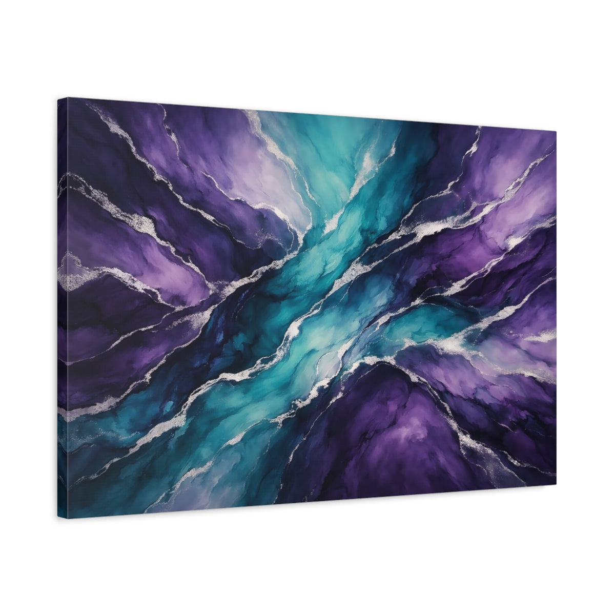 Side Mockup 2. Abstract Fluid Art Purple Teal shown as stretched canvas wall art