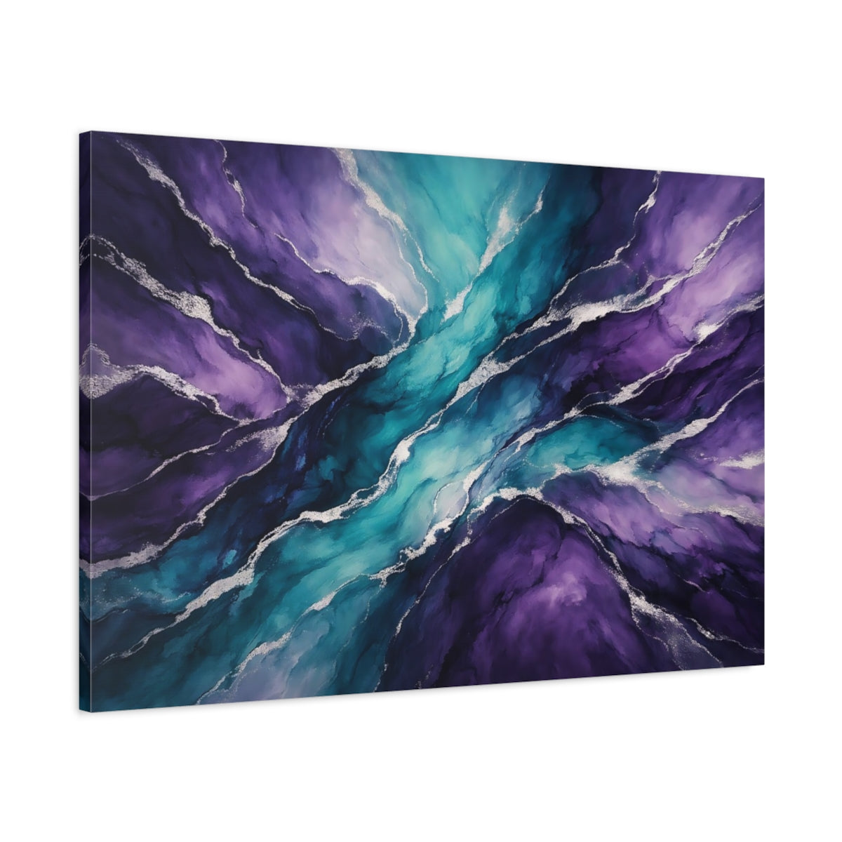 Side Mockup 1. Abstract Fluid Art Purple Teal shown as stretched canvas wall art