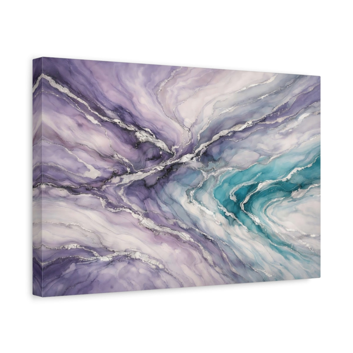 Side Mockup 4. Abstract Fluid Art Purple Teal Silver shown as stretched canvas wall art