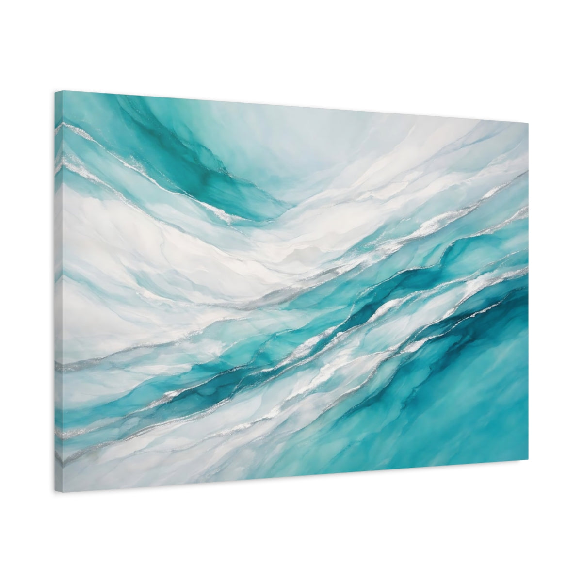 Side Mockup 1. Abstract Fluid Art Teal Silver Abstract shown as stretched canvas wall art