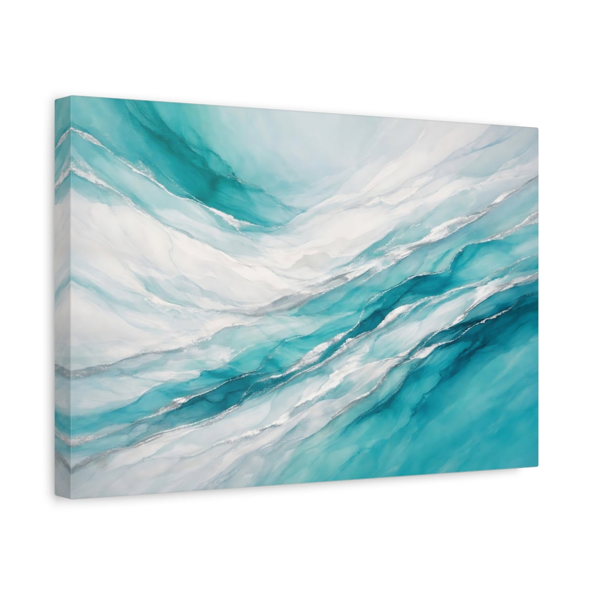 Side Mockup 4. Abstract Fluid Art Teal Silver Abstract shown as stretched canvas wall art