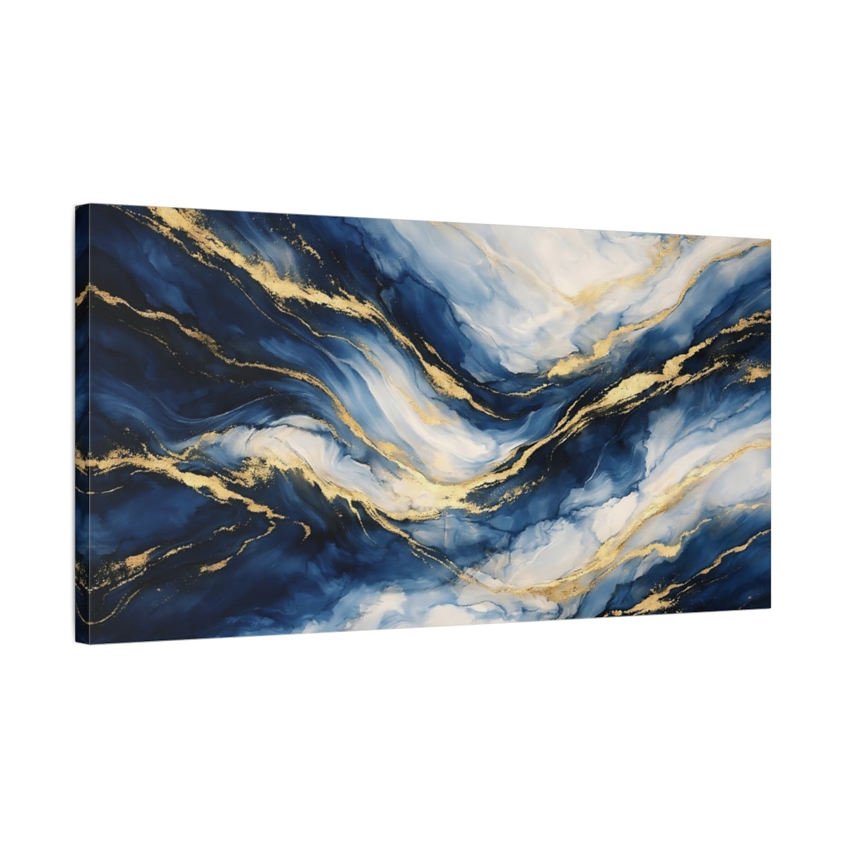 Side Mockup 2. Abstract Fluid Abstract Blue And Gold shown as stretched canvas wall art