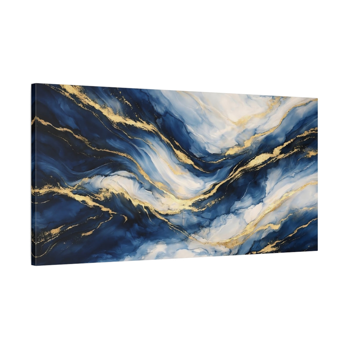 Side Mockup 1. Abstract Fluid Abstract Blue And Gold shown as stretched canvas wall art