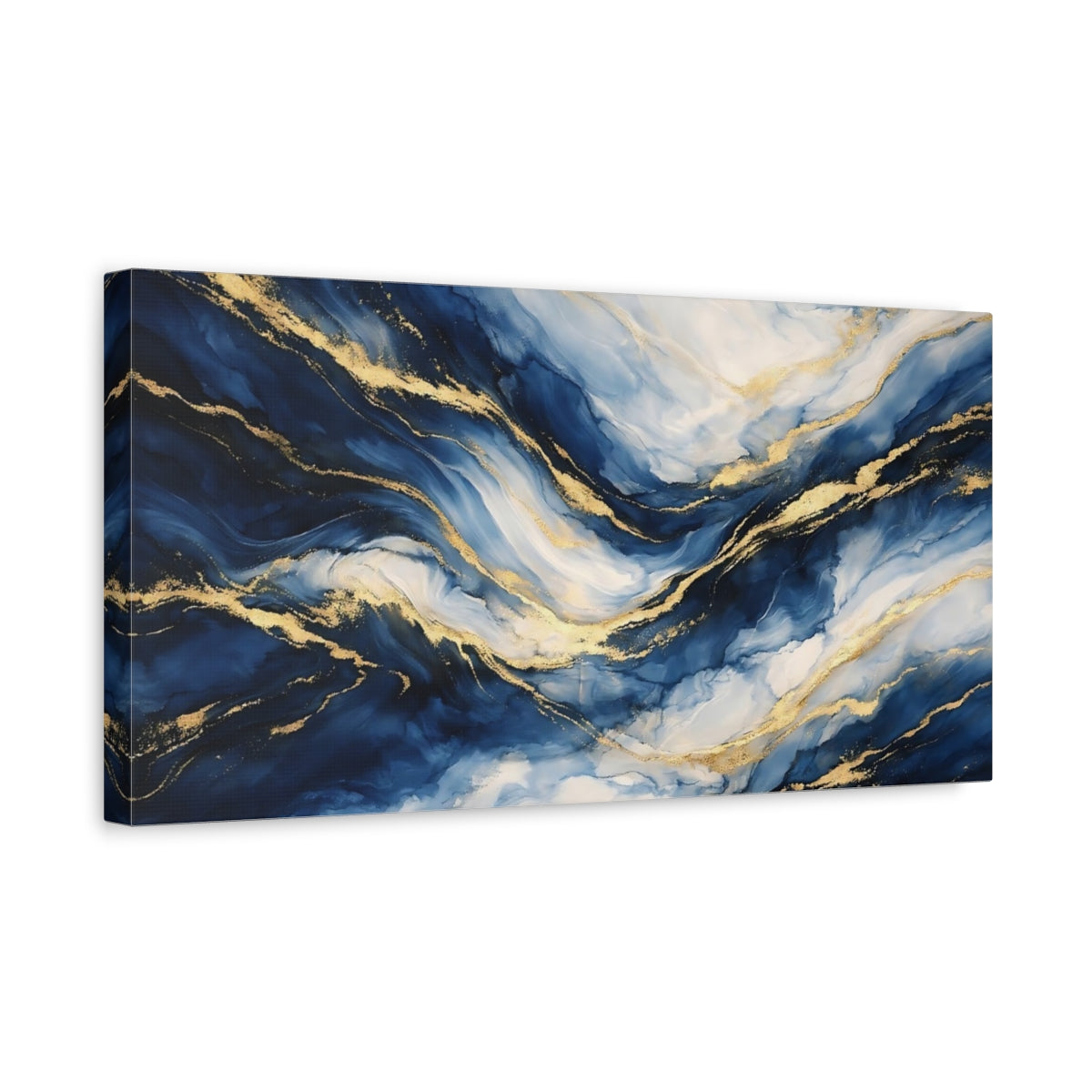 Side Mockup 3. Abstract Fluid Abstract Blue And Gold shown as stretched canvas wall art