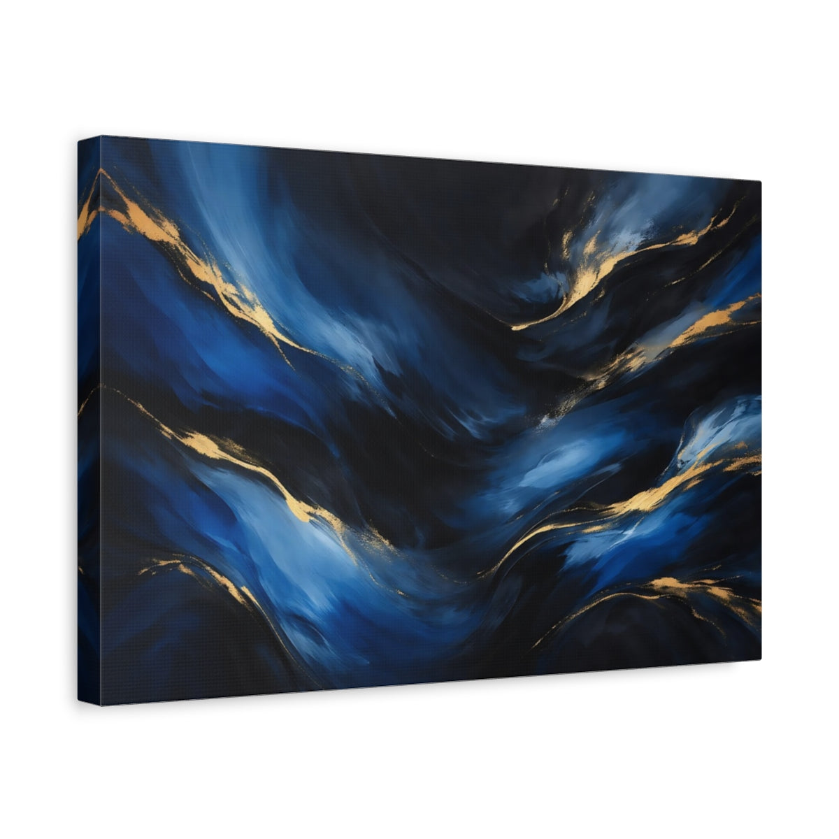 Side Mockup 4. Abstract Fluid Abstract Blue And Gold shown as stretched canvas wall art