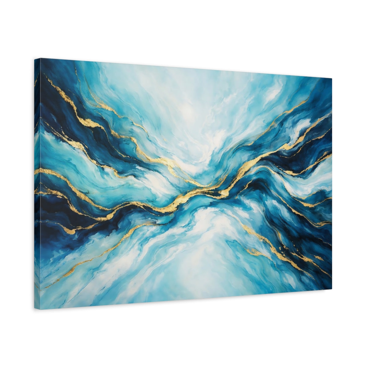 Side Mockup 2. Abstract Fluid Abstract Blue And Gold shown as stretched canvas wall art