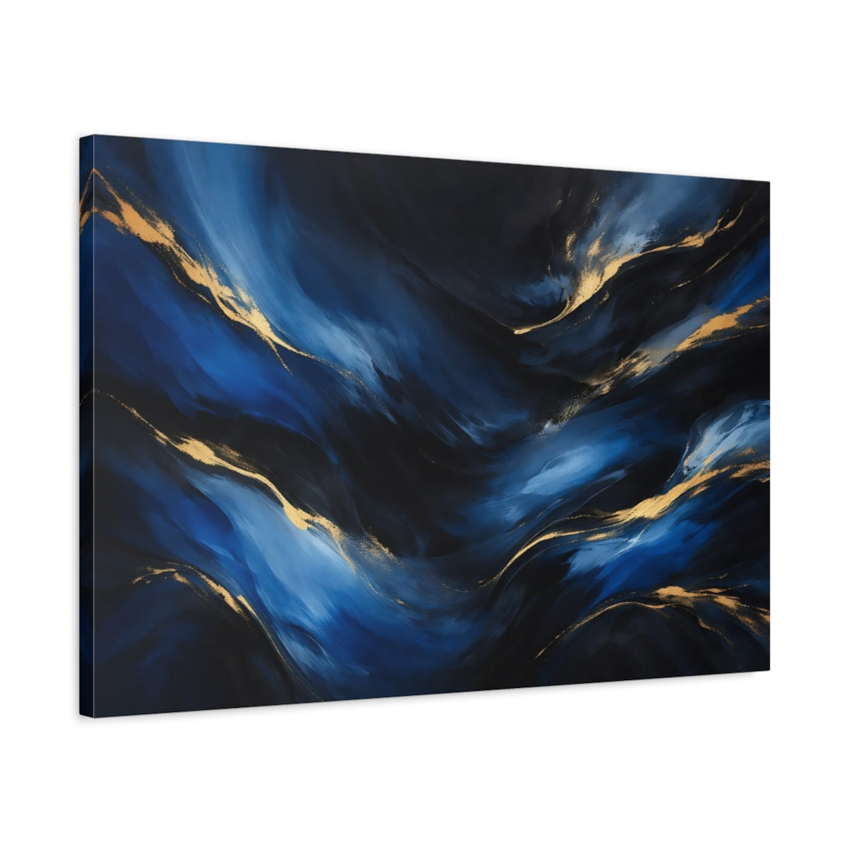 Side Mockup 2. Abstract Fluid Abstract Blue And Gold shown as stretched canvas wall art